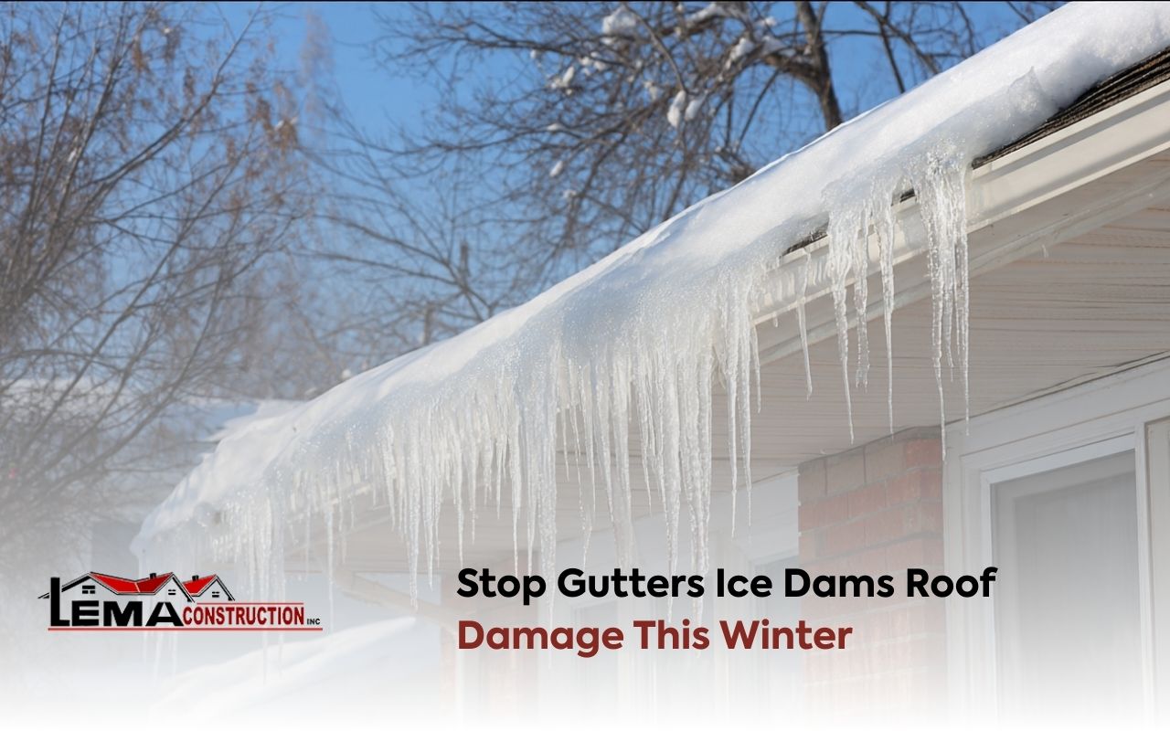 gutters ice dams roof damage on a home roof during winter