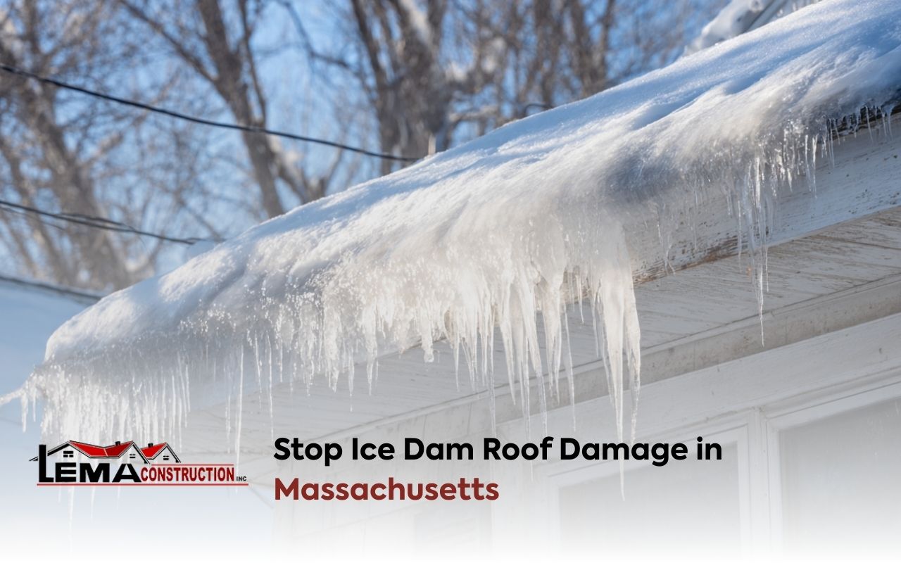 Warning signs of ice dam roof damage in Massachusetts on a residential roof