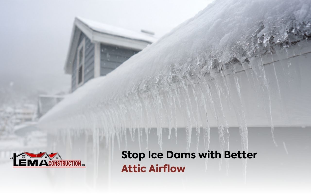 attic ventilation ice dams forming along a snowy roof edge in winter
