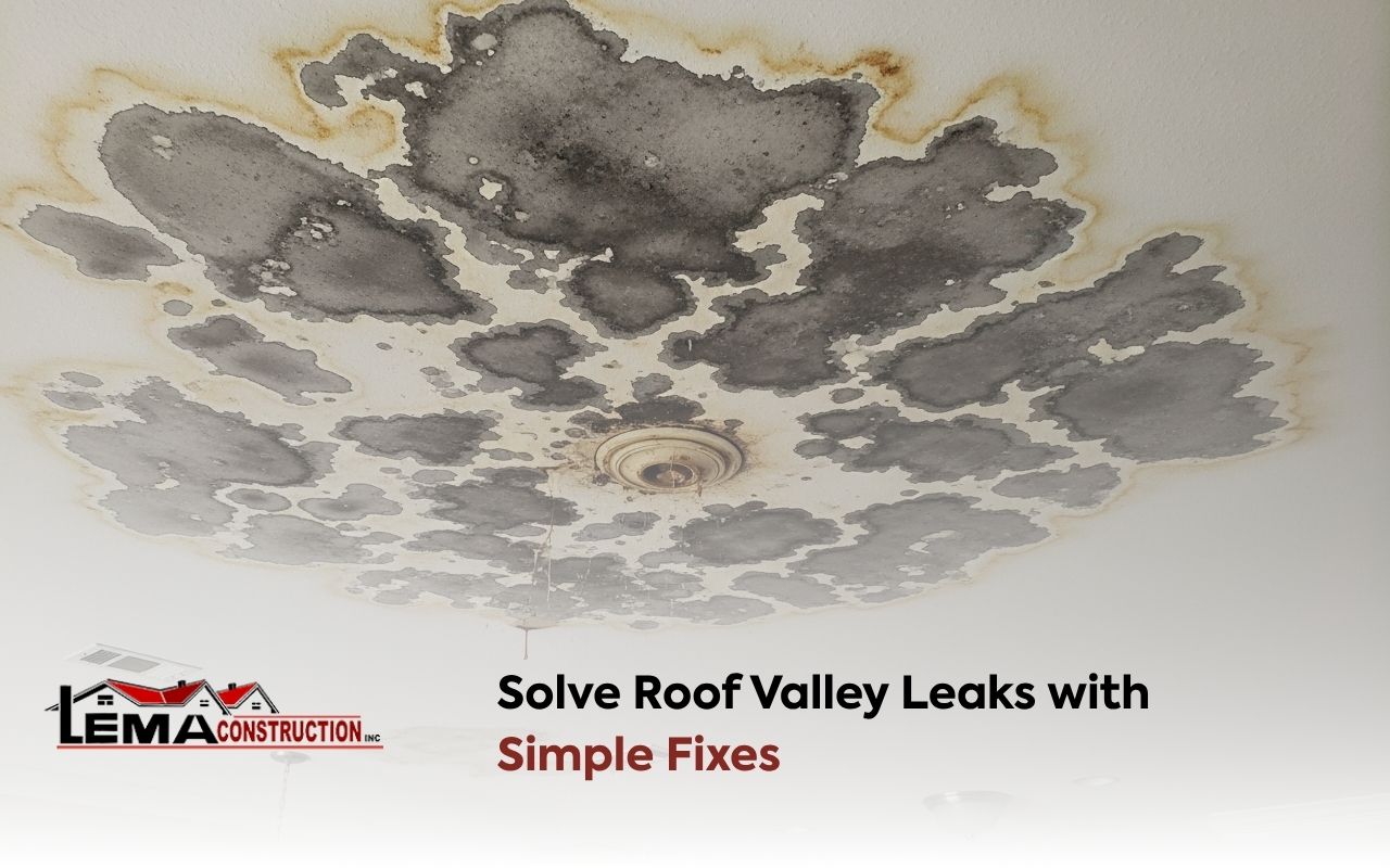 Roof valley leaks caused by damaged flashing on a shingle roof