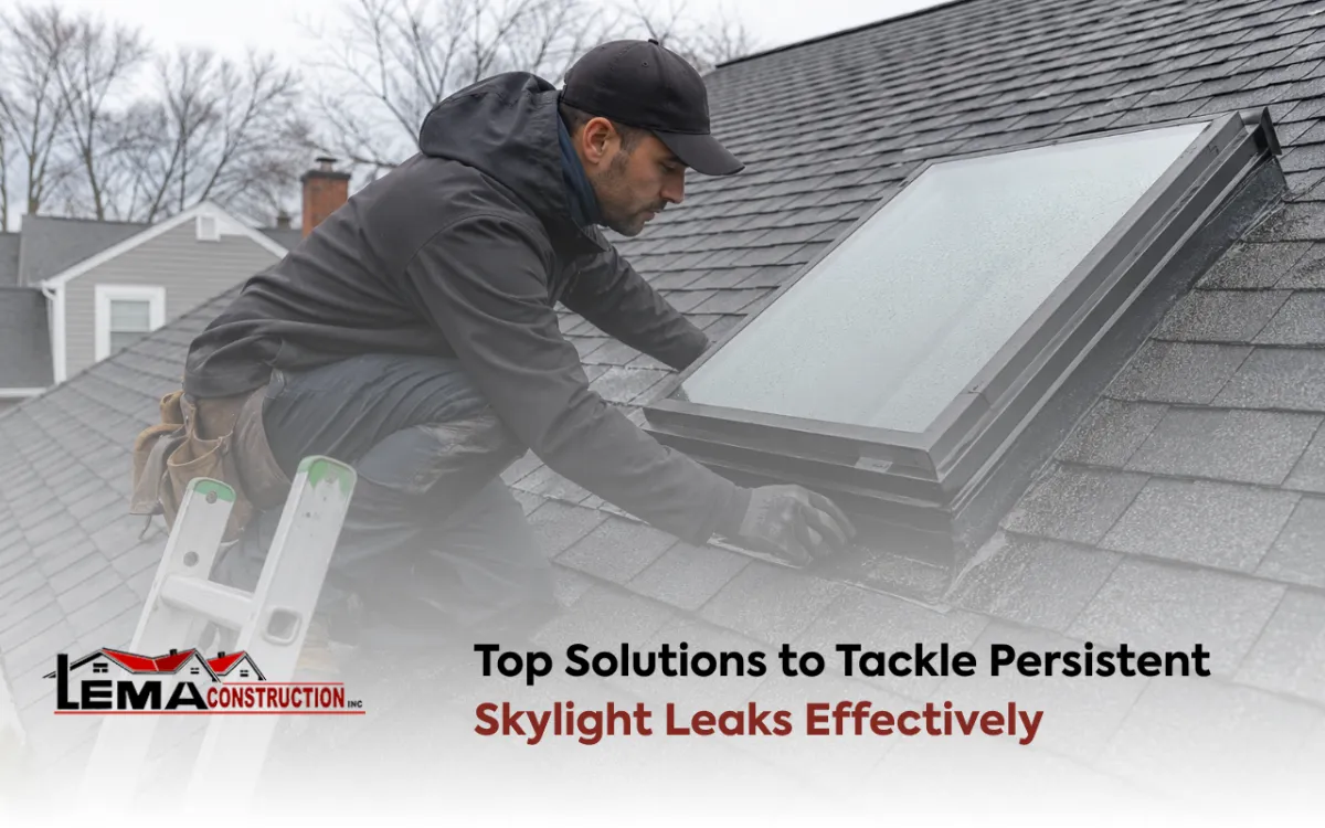 Roofer inspecting skylight leaks on a residential roof