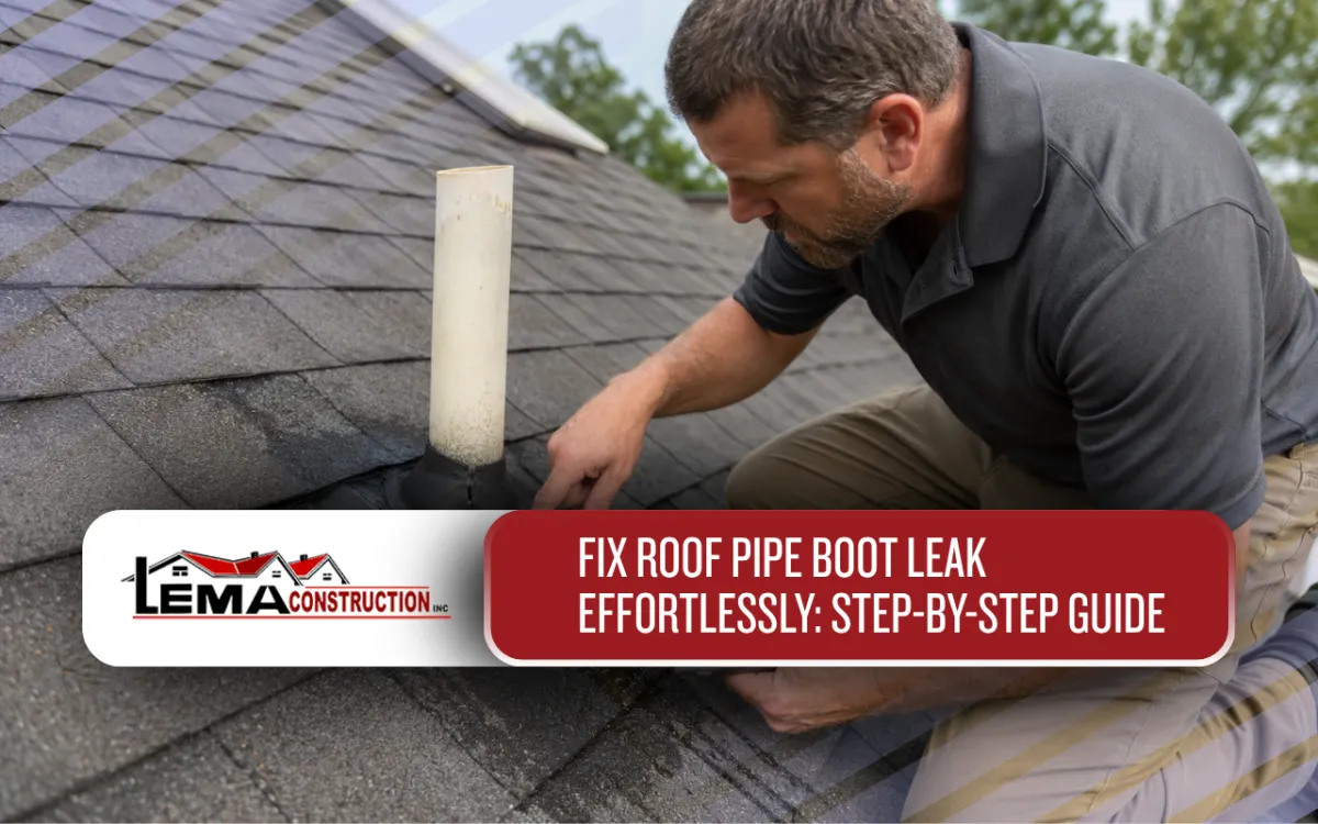 Roofer inspecting a roof pipe boot leak around a plumbing vent