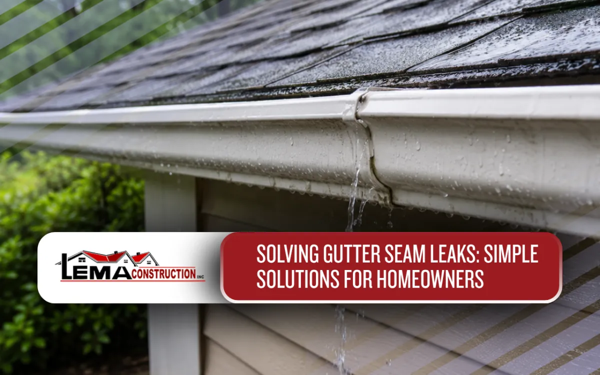 Gutter seam leaks allowing rainwater to escape near a home