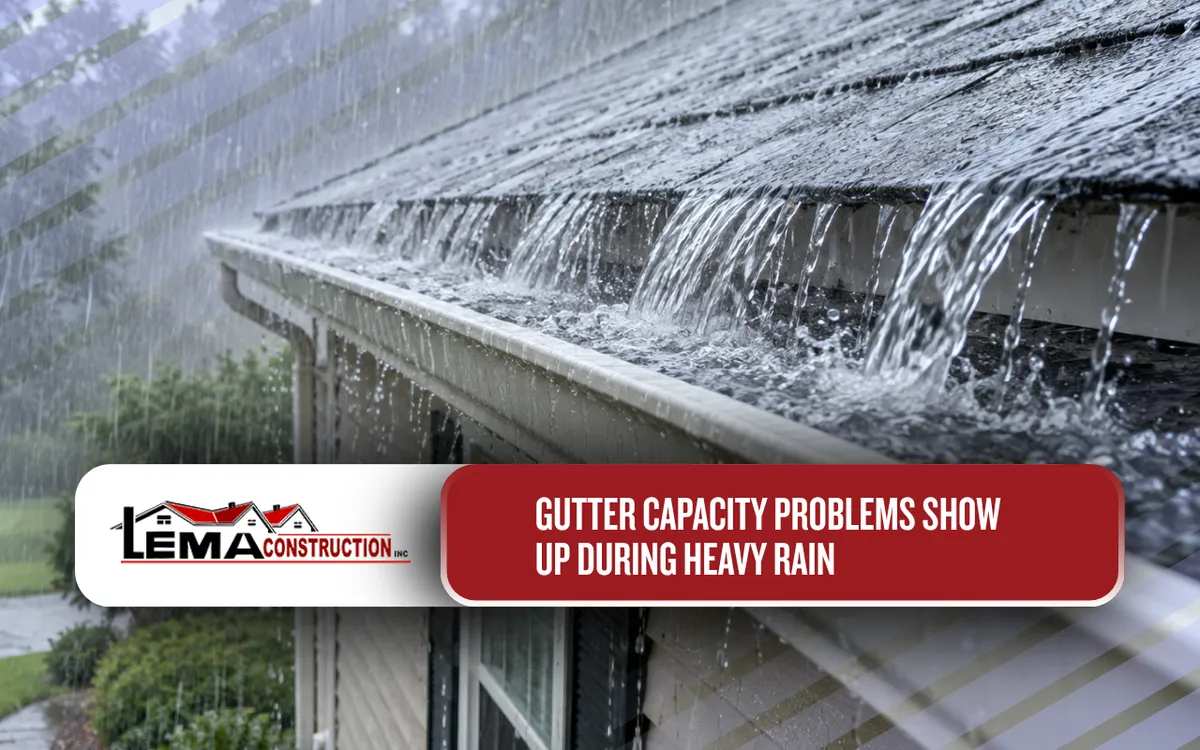 Gutter capacity tested during heavy rain with strong roof runoff