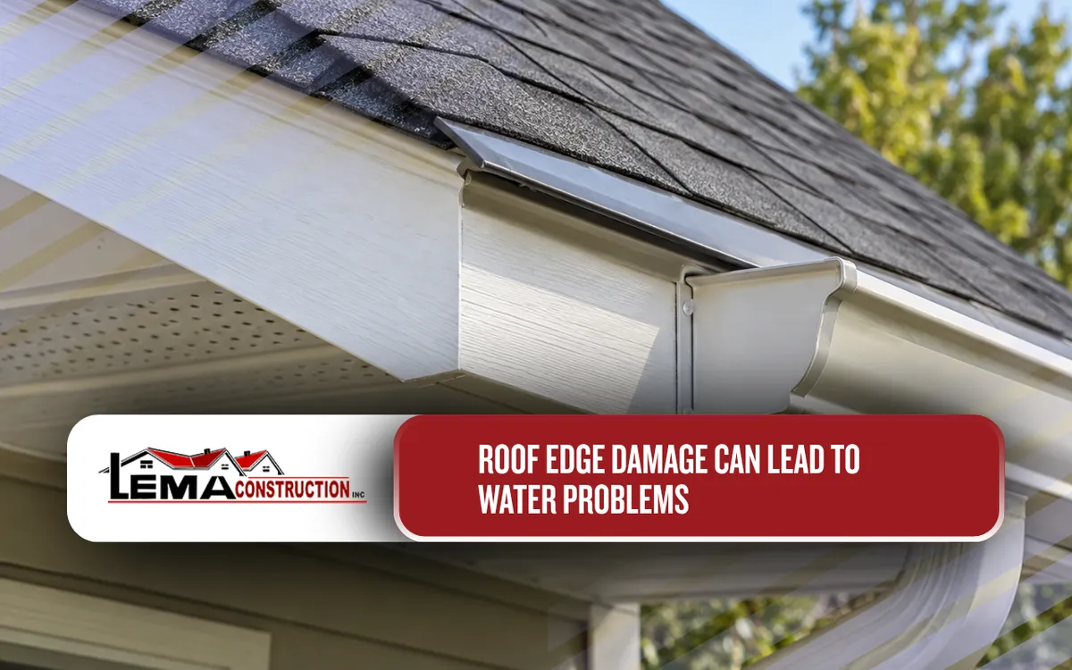 Roof edges showing drip edge, fascia, shingles, and gutter transitions