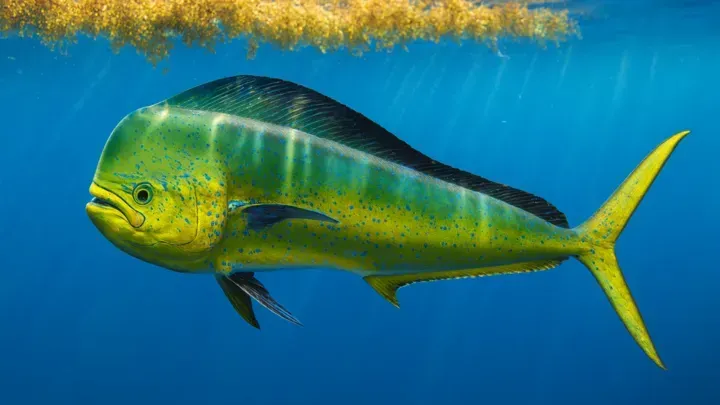 Mahi-mahi with neon green-yellow flanks near a Sargassum weedline