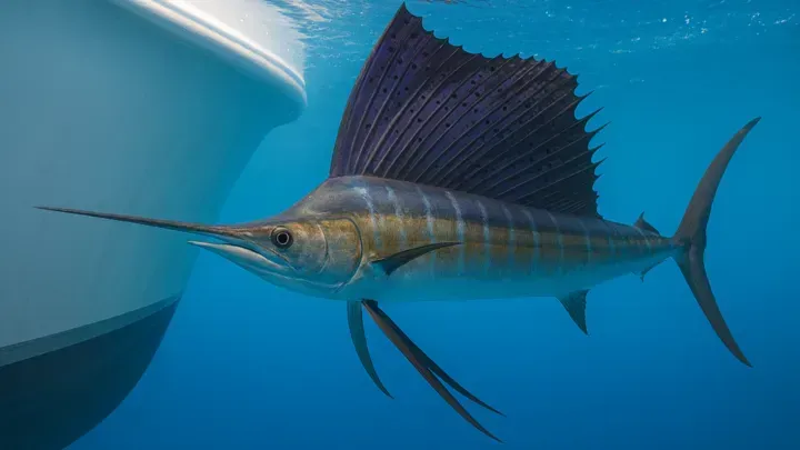 Atlantic sailfish in-water beside the boat, dorsal sail raised