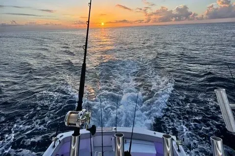 Sunrise wake and trolling spread from the stern on a full-day offshore charter near Pompano Beach.