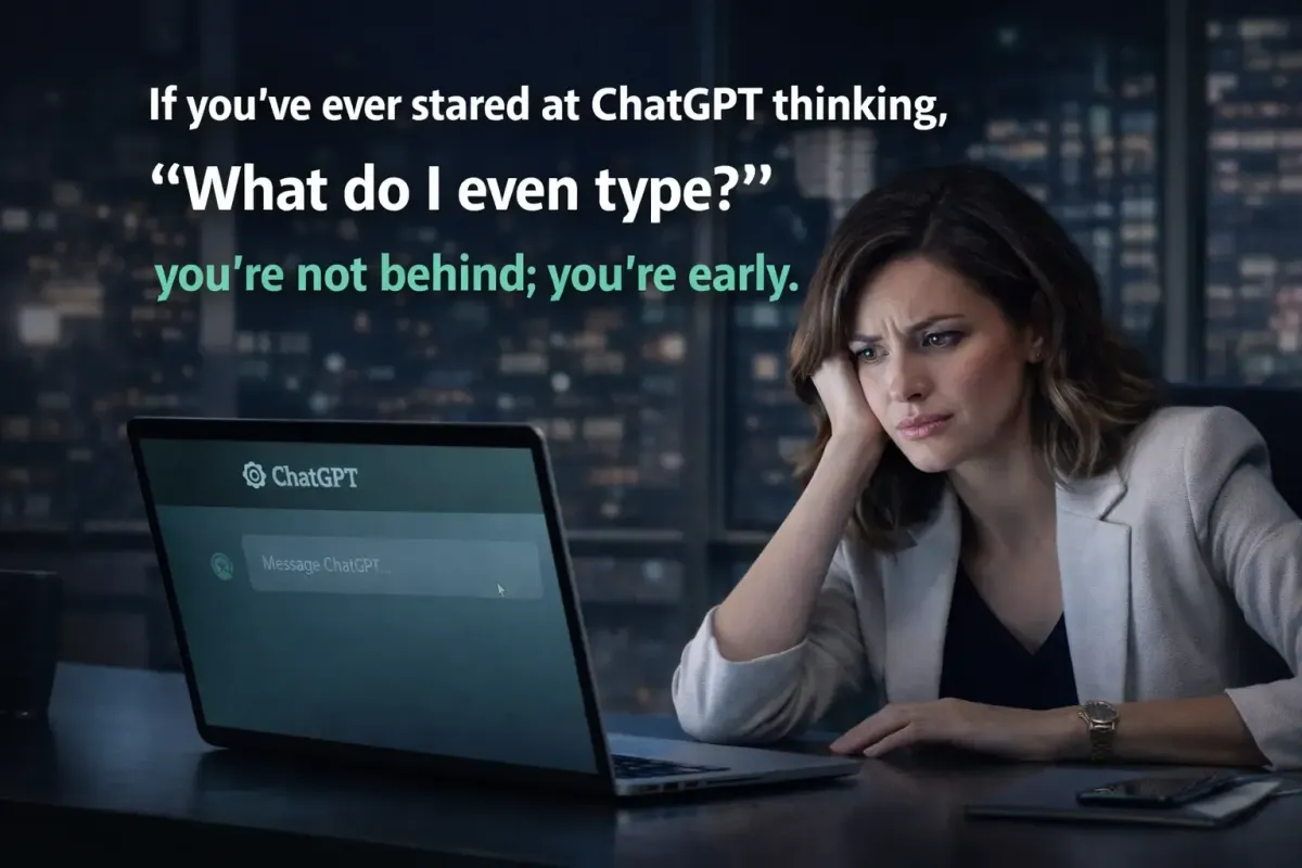 Close-up photo-style image of a notebook, pen, and a laptop screen showing a typed prompt sequence; warm desk lamp glow, shallow depth of field, modern home office vibe, conveys the moment a user moves from stuck to productive, photographic realism.