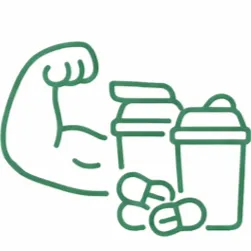Sports nutrition shop icon with protein shaker and flexed arm for fitness