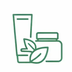 Health and beauty shop icon with natural skincare containers and leaf