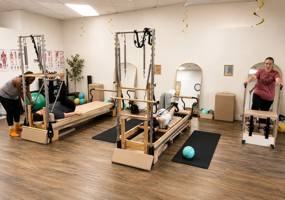 Small group of women in a boutique pilates class