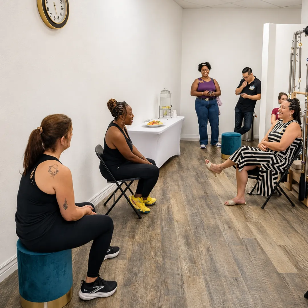 Davonna leading a professional Pilates group in a bright, modern studio
