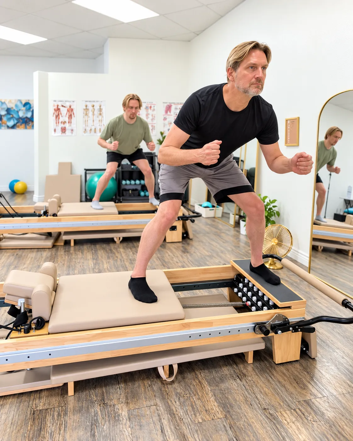 Two clients engaged in a collaborative yet focused duet pilates session.