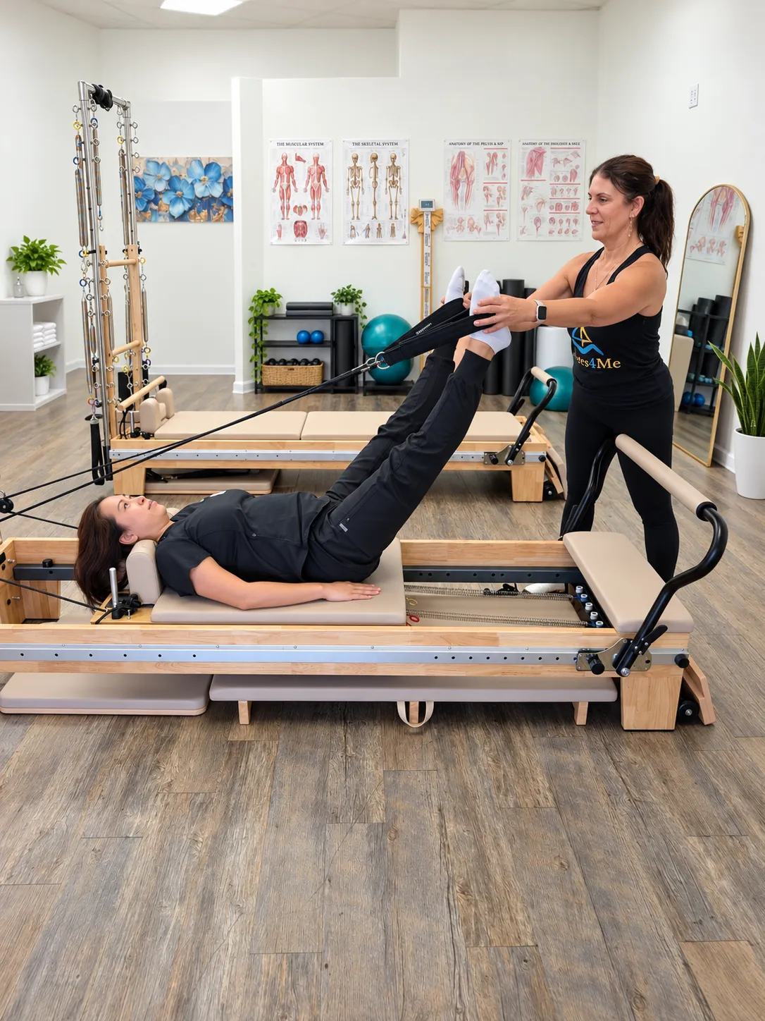 Client practicing precise reformer movement in sunlit boutique Pilates studio