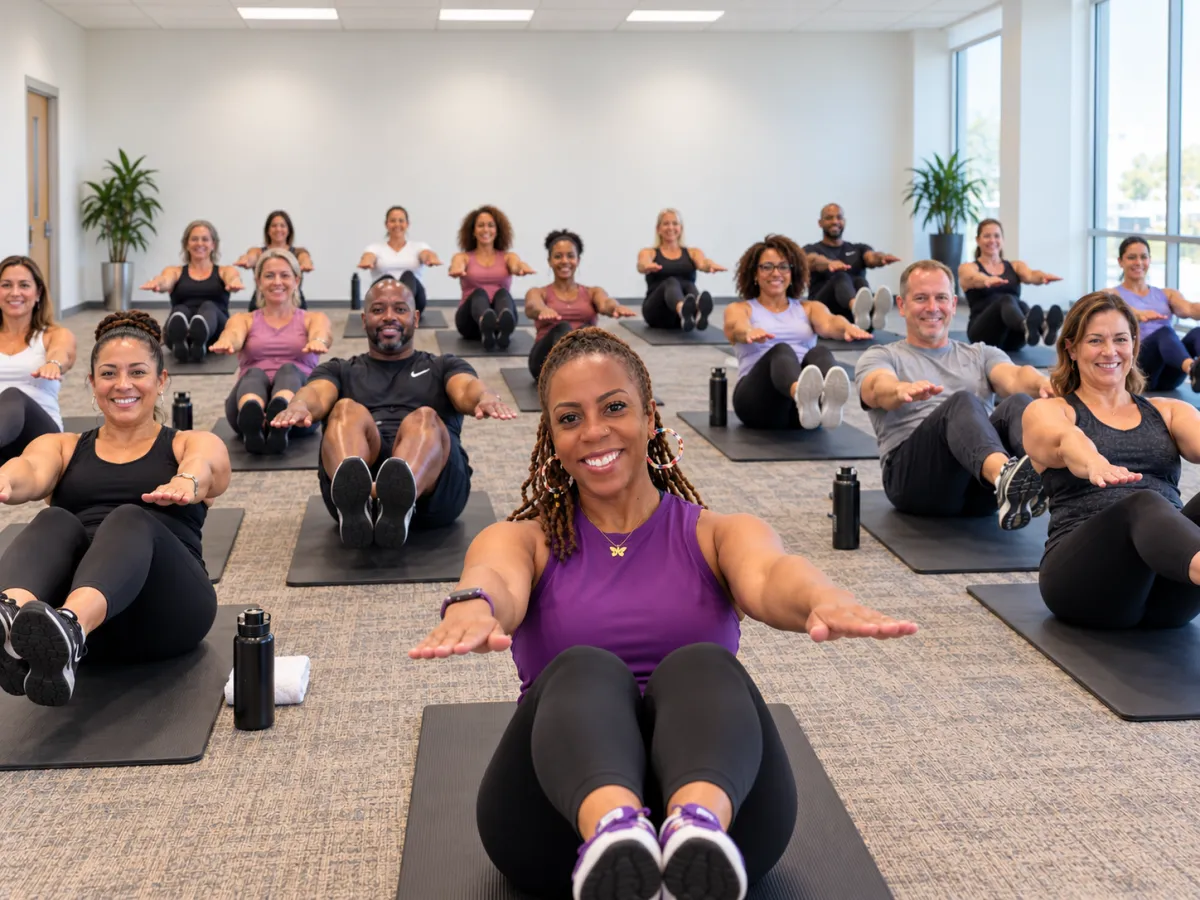 Corporate group participating in a wellness and mobility session