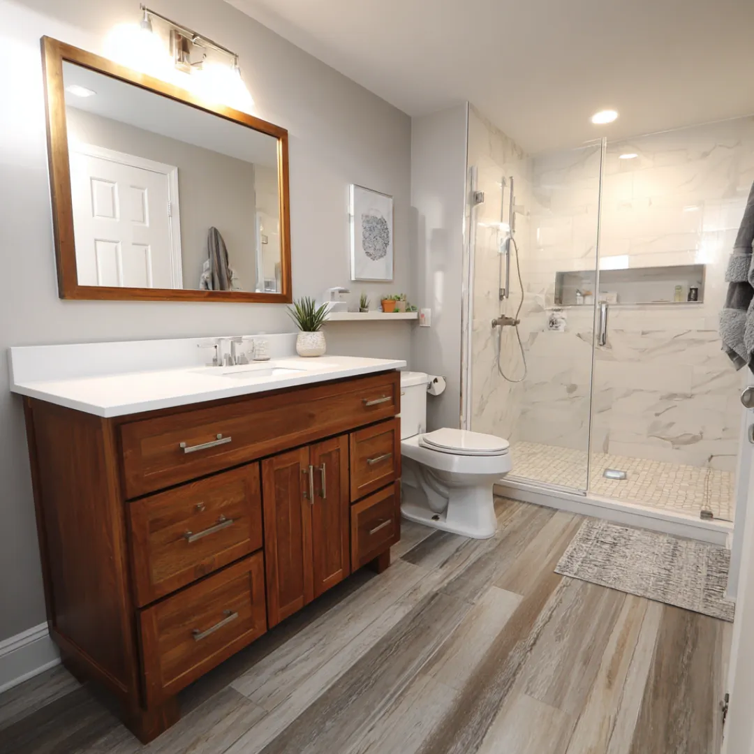 bathroom remodeling with wood vanity walk in shower and tile flooring in lebanon oregon