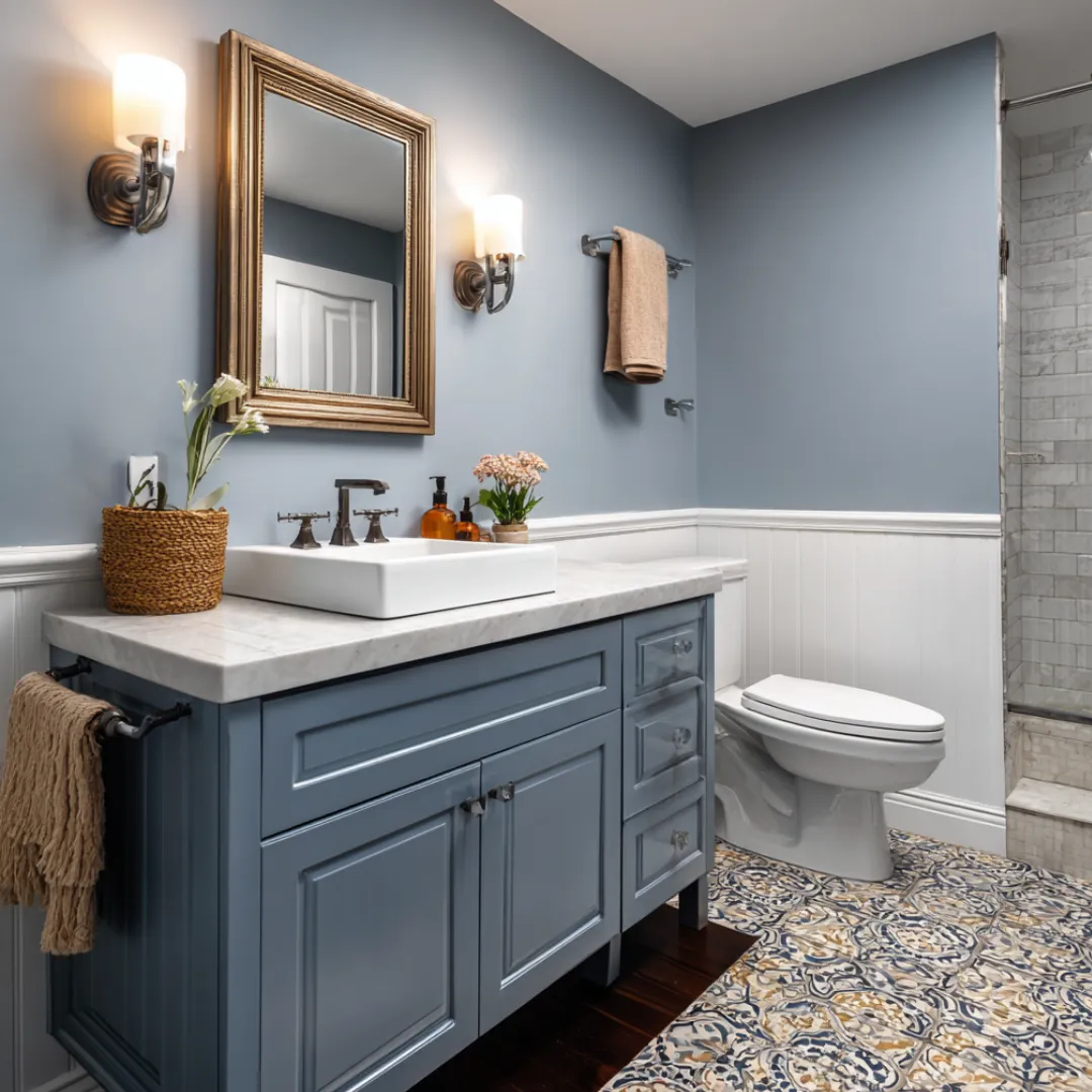 bathroom remodeling with blue vanity modern sink and custom tile in lebanon oregon and surrounding areas