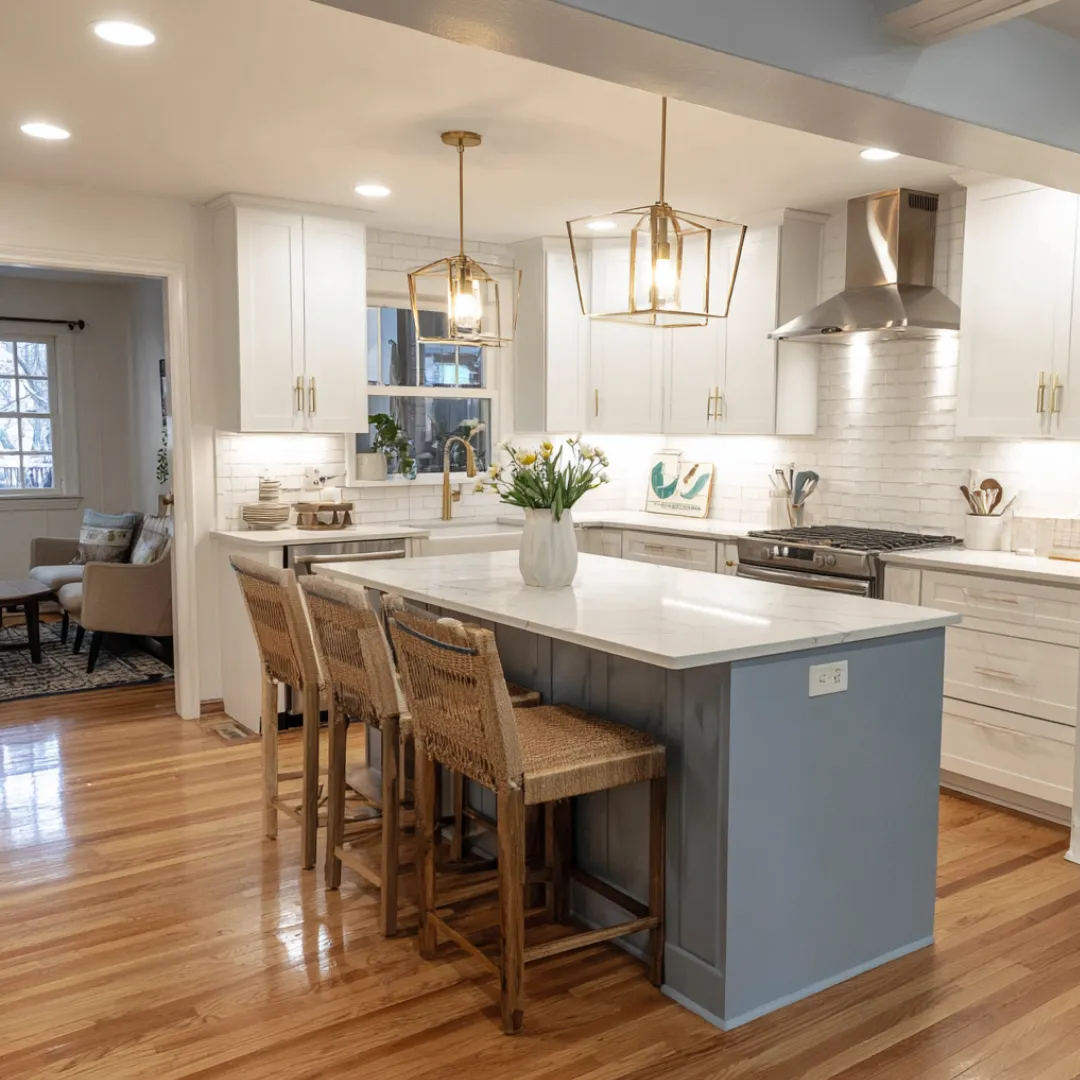Spacious kitchen upgrade with stainless steel appliances, light wood flooring, and custom cabinetry.