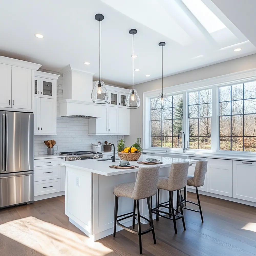 kitchen remodeling with white cabinets large windows modern lighting and center island in lebanon oregon