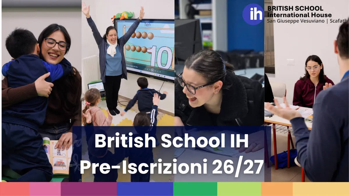 Grafica promozionale British School International House per le pre-iscrizioni all'anno scolastico 2026/2027. Offerta valida dal 16 al 29 marzo con sconti fino al 40% e vantaggi cashback sui corsi di inglese per bambini, ragazzi e adulti.