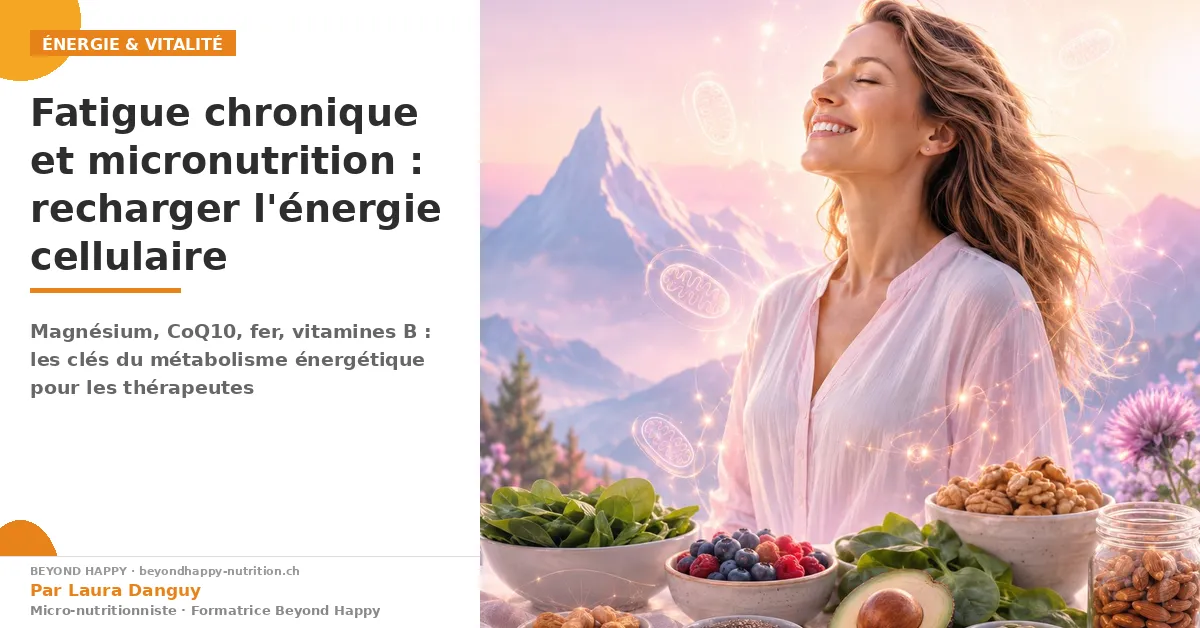 Femme rayonnante entourée d'aliments énergétiques - fatigue chronique et micronutrition - Beyond Happy