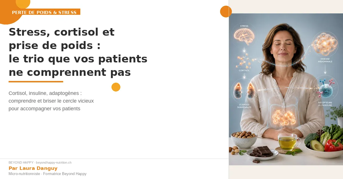 Femme sereine avec schéma holographique stress-cortisol-glandes surrénales - prise de poids et micronutrition - Beyond Happy