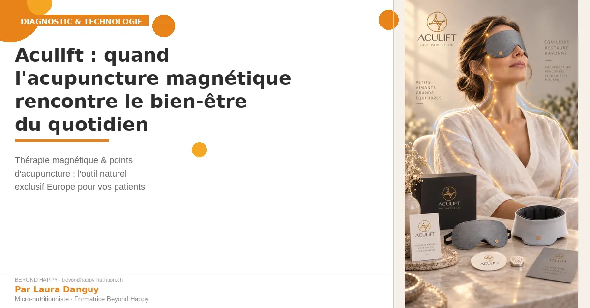 Femme avec masque magnétique Aculift et lignes d'énergie dorées - acupuncture magnétique - Beyond Happy SwissGetal