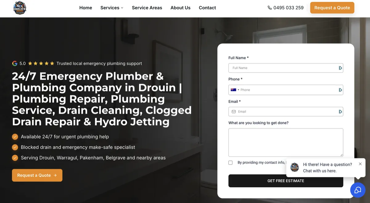 Website design for The Unblock Doc, emergency plumbing services in Melbourne, Australia, featuring cartoon plumber mascot and service details.