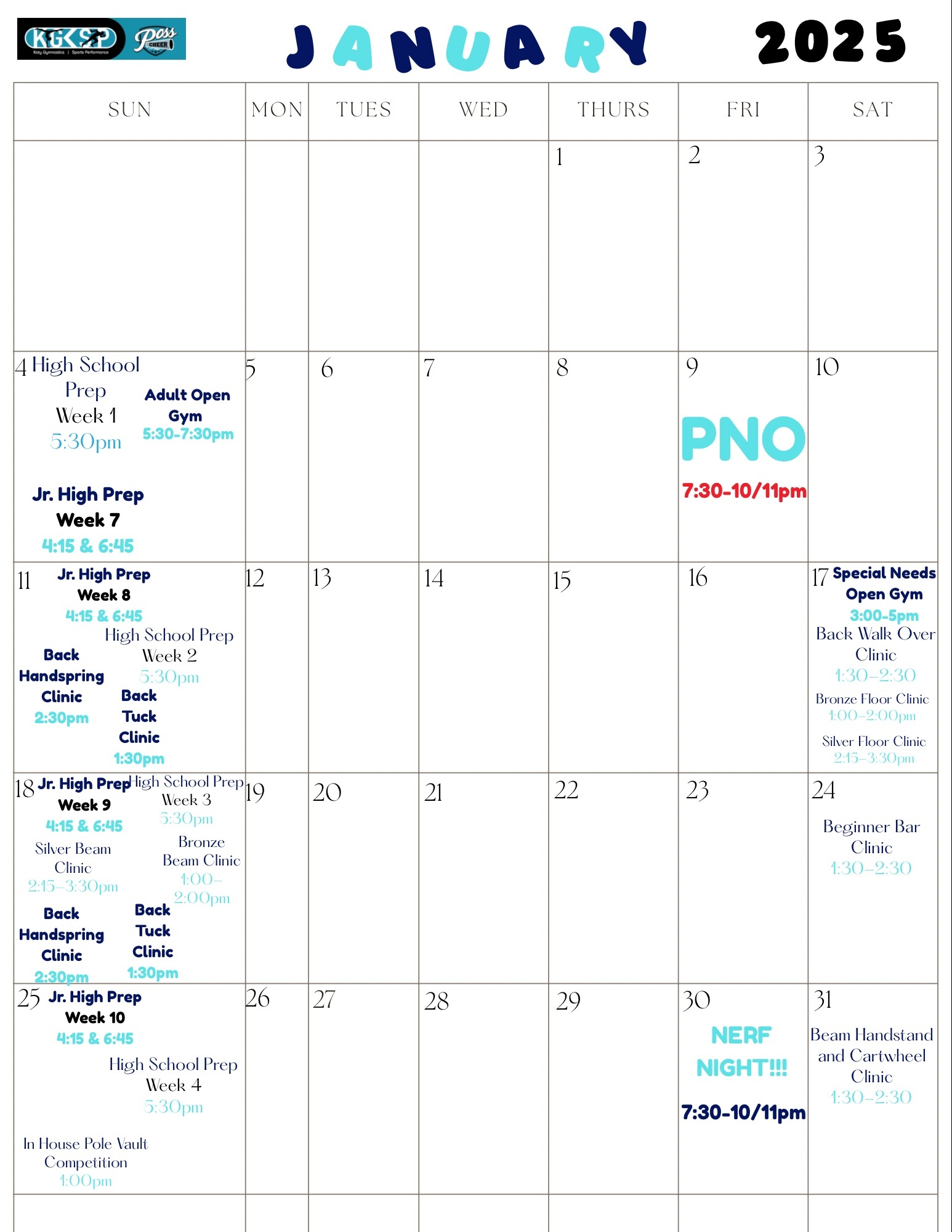 Fall 2025 schedule for Katy Gymnastics