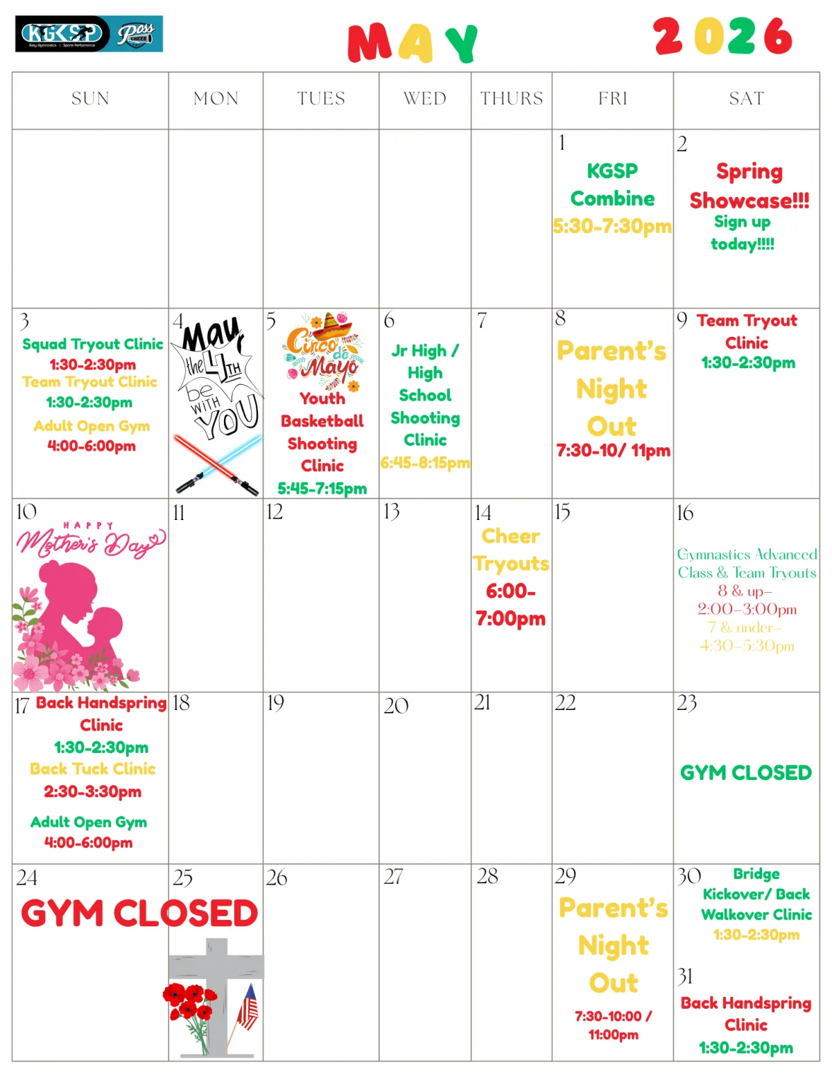 Fall 2025 schedule for Katy Gymnastics