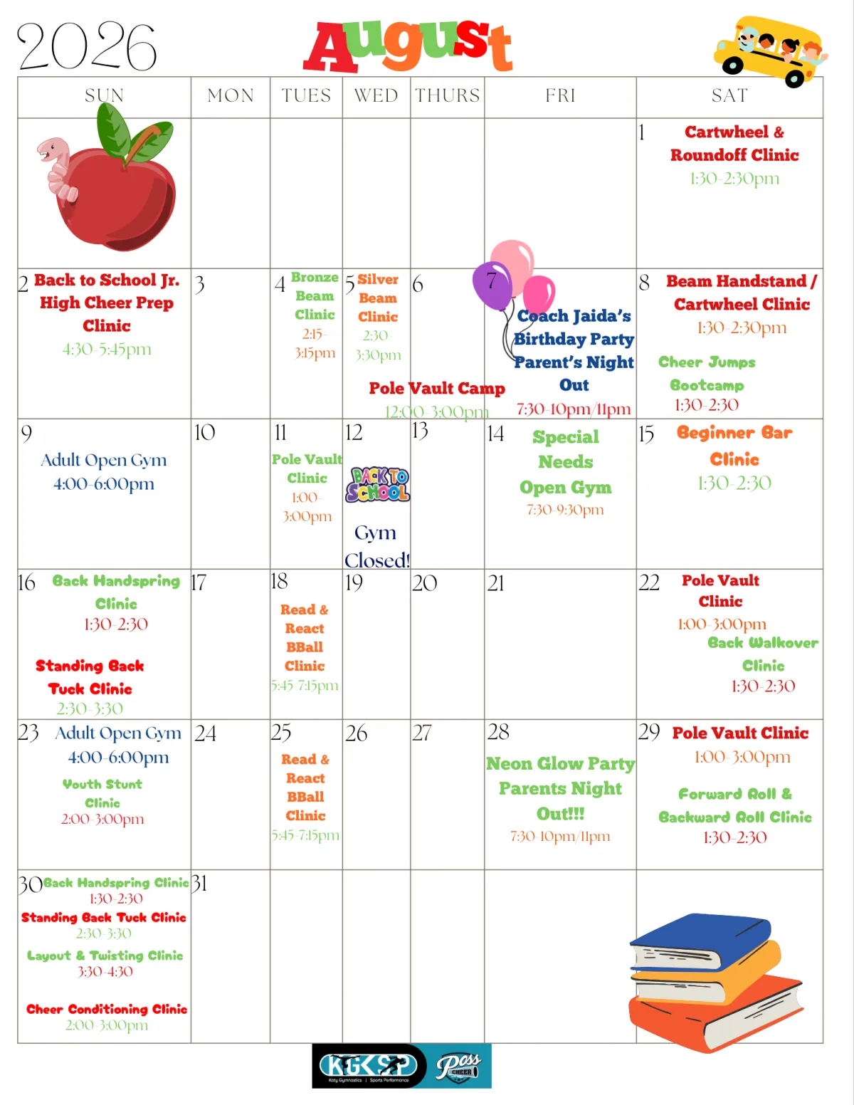July 2026 schedule for Katy Gymnastics