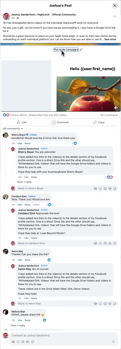 HighLevel Community Joshua Sanderford's post