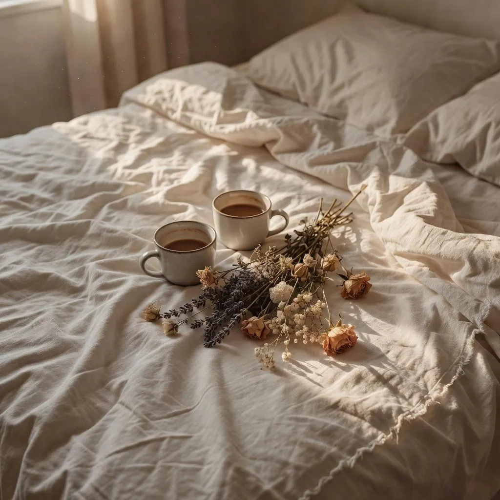 linen sheets with coffee cups and flowers - cozy itimacy, aging, and later-life desire.