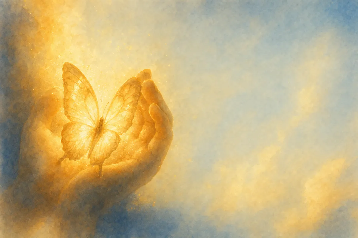 A warm watercolor painting of an open hand with flying butterfly