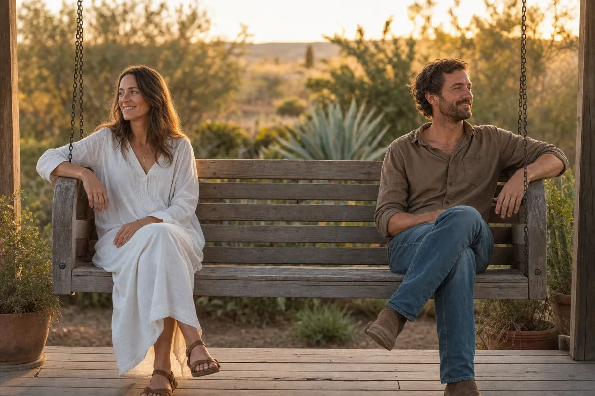 Couple sitting with comfortable space between them on a porch swing at sunset