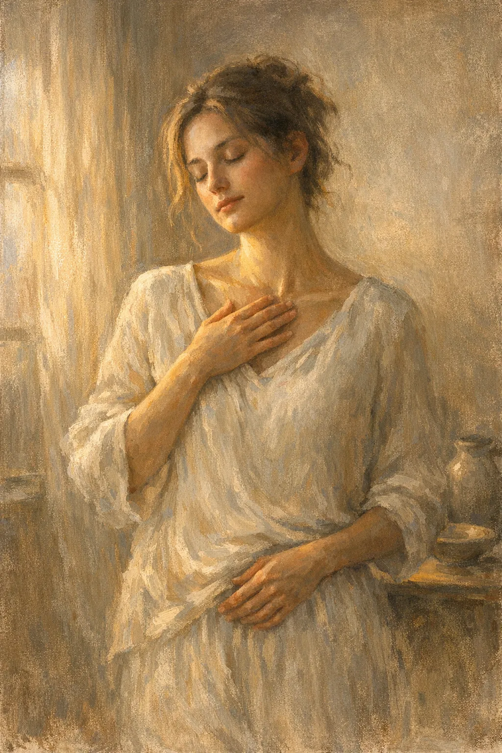 Woman experiencing embodied sensuality and connection in a quiet sunlit room