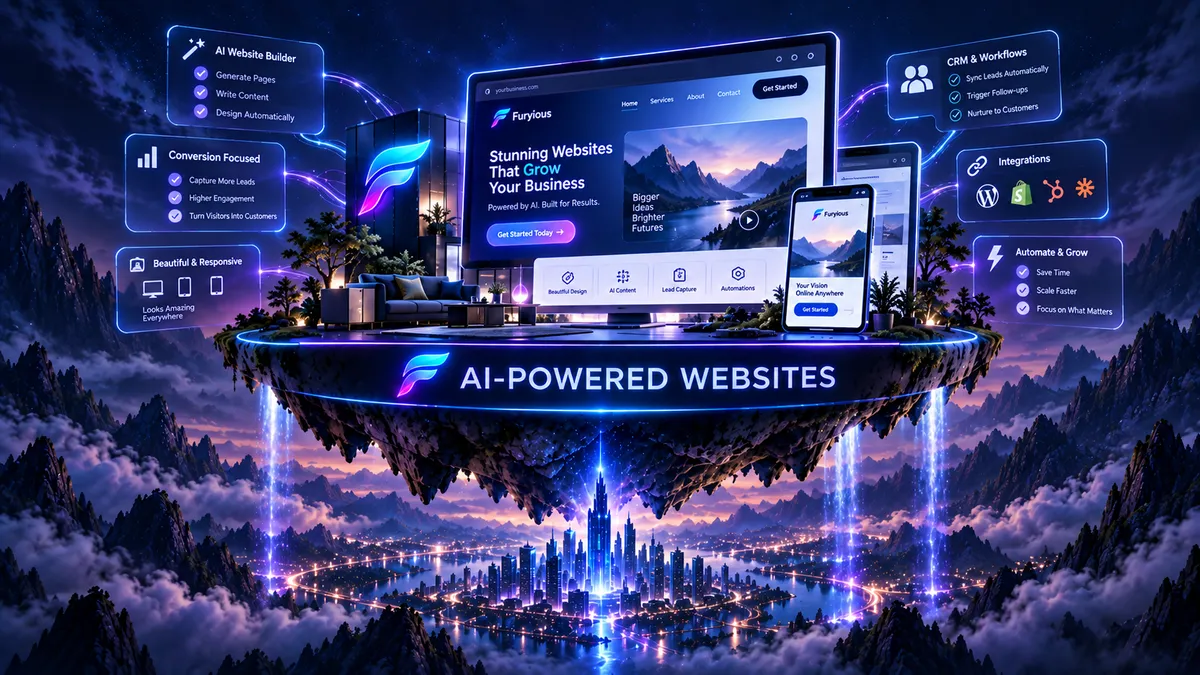 Furyious AI-Powered Websites graphic showing mobile-friendly website design, lead capture, appointment scheduling, AI chat, CRM connections, and automated follow-up workflows.