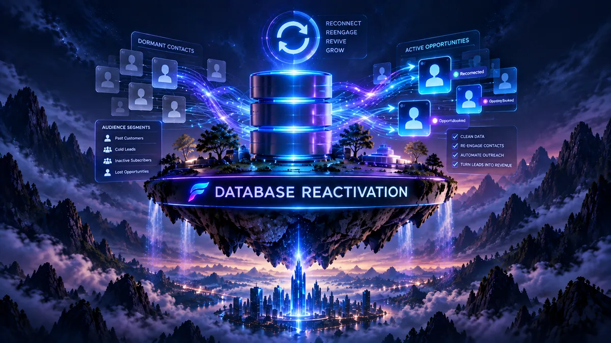 Furyious Database Reactivation graphic showing existing contacts being organized, re-engagement opportunities identified, and renewed conversations tracked for follow-up.