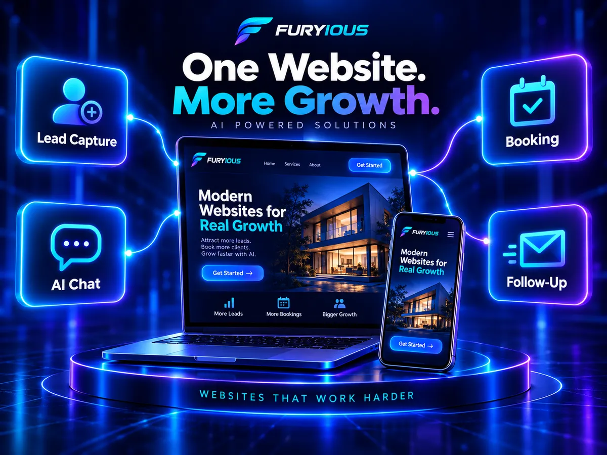 Furyious AI-powered website showing lead capture, AI chat, appointment booking, and automated follow-up connected in one business website system.