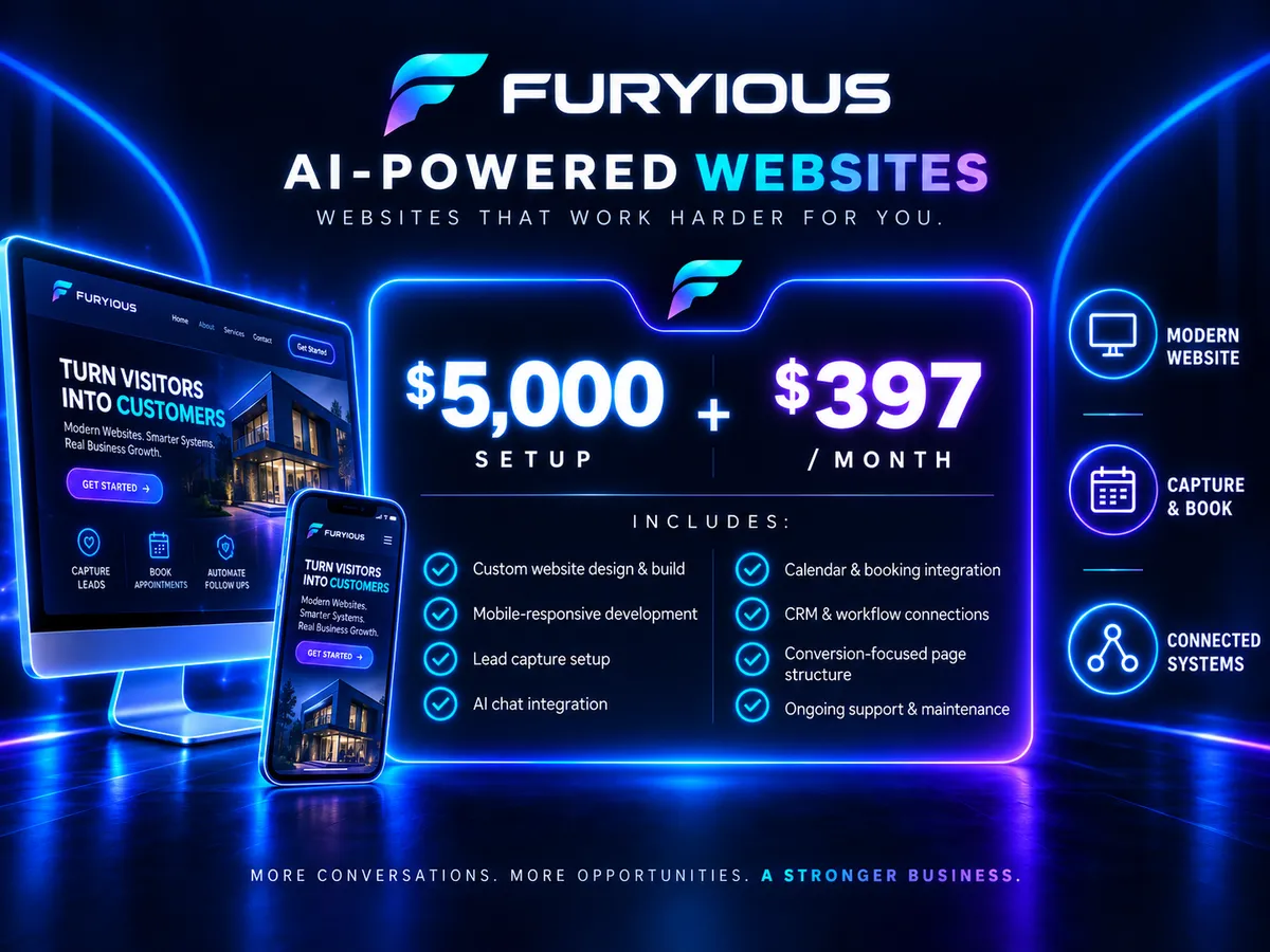 Furyious AI-powered website pricing graphic showing $5,000 setup and $397 monthly with custom website design, mobile-responsive development, lead capture, AI chat, booking integration, CRM connections, and ongoing support.