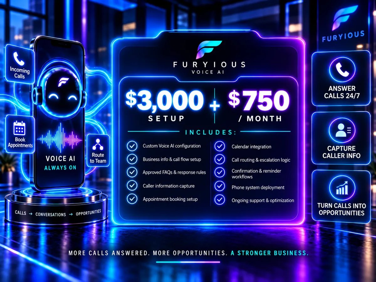Furyious AI Voice pricing graphic showing $3,000 setup and $750 monthly for AI voice agent services.