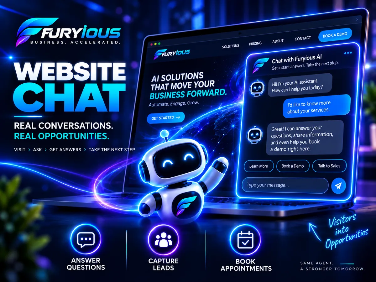 Furyious AI website chat helping businesses answer visitor questions, capture leads, and book appointments directly from the website.