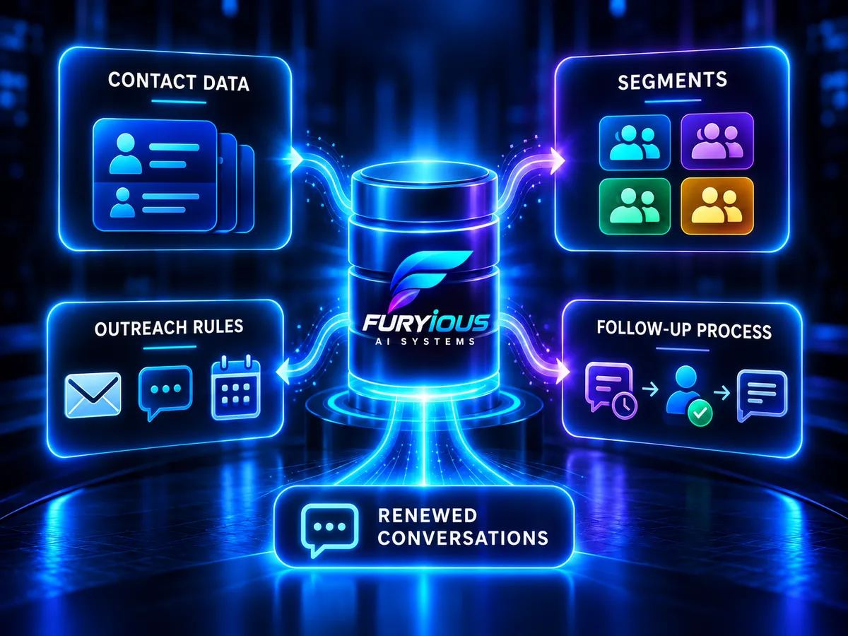 Furyious database reactivation system showing contact data organization, audience segmentation, outreach rules, follow-up workflows, and renewed conversations.