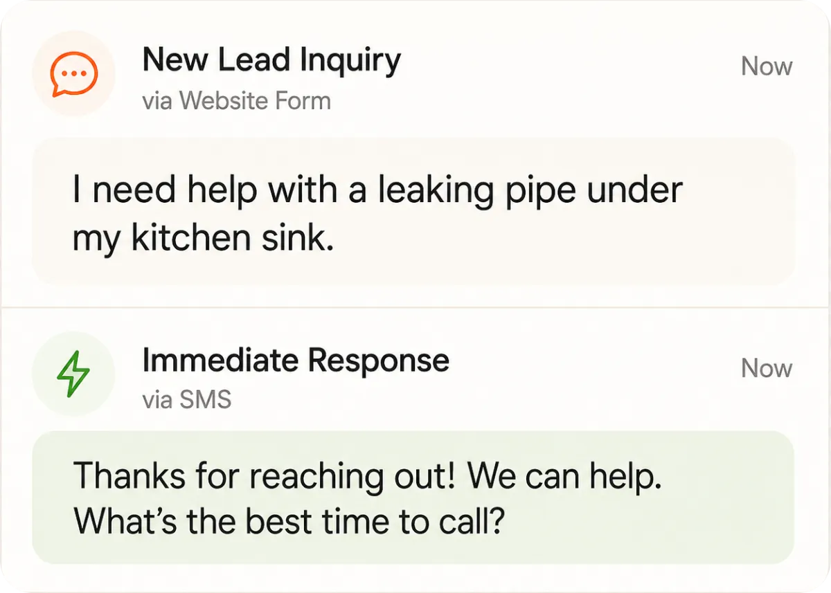 User interface mockup of a mobile chat dialogue box showing an instant automated SMS response to a customer inquiry.