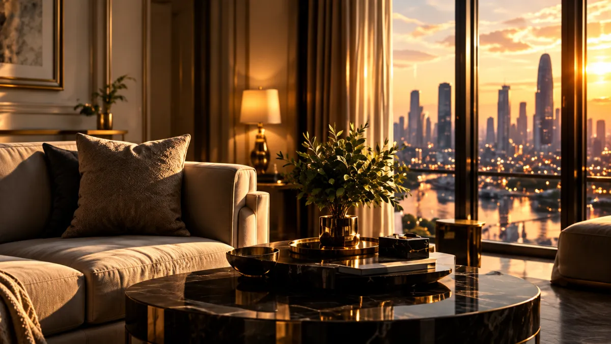 Interior view of a cozy room with dark furniture and a large window looking out to a city skyline at sunset.
