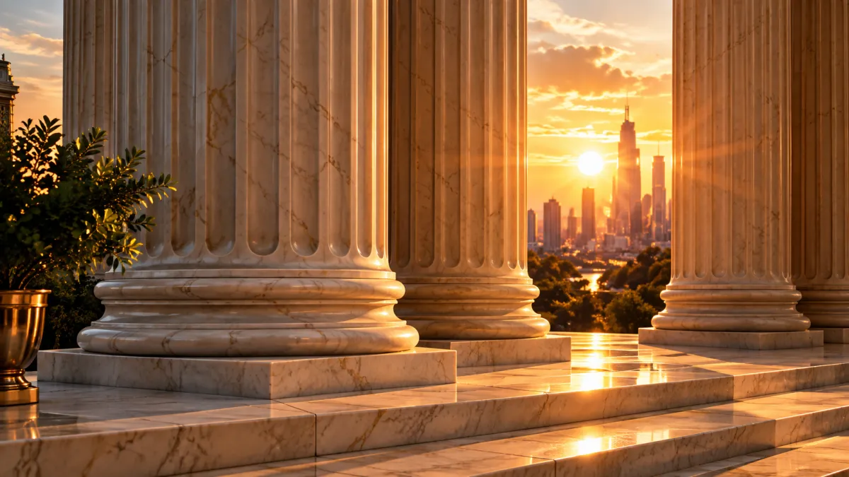 Classic stone columns lit by golden hour sunlight, overlooking a classical city skyline.