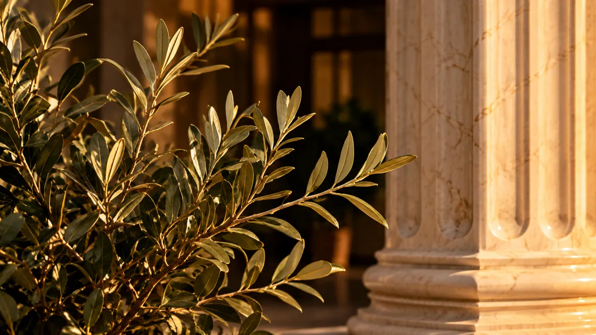 Close up of an olive branch with green leaves against an architectural background.
