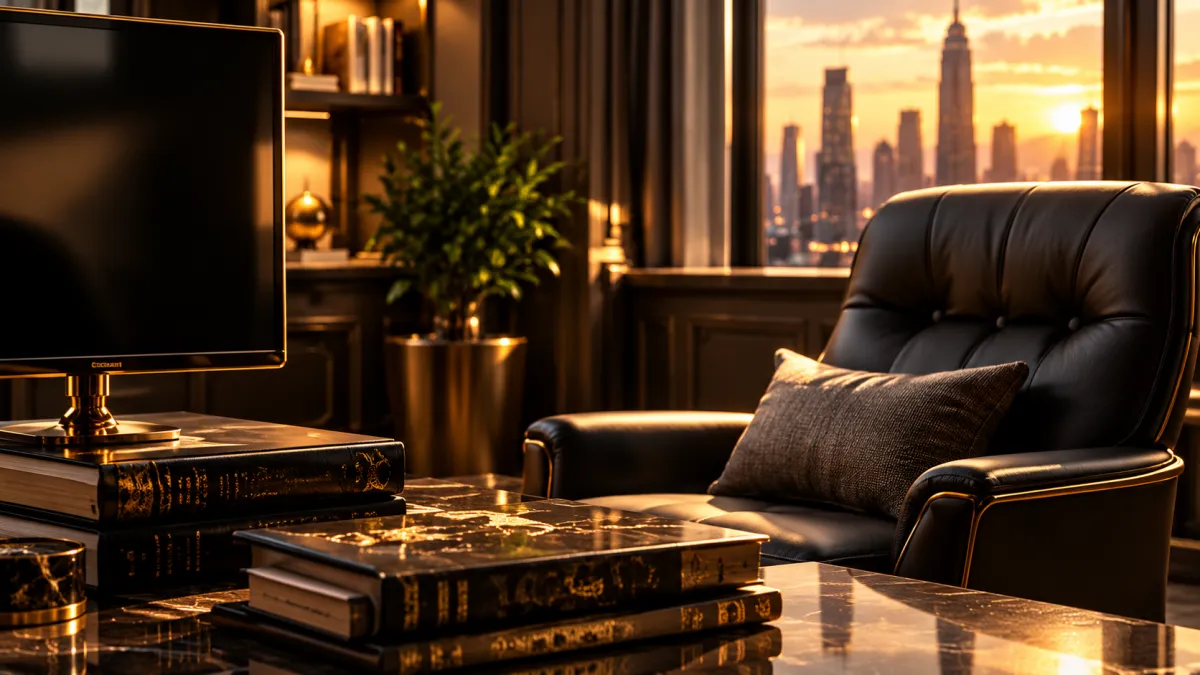 Dark, moody study room featuring a leather armchair and a stack of books on a desk.