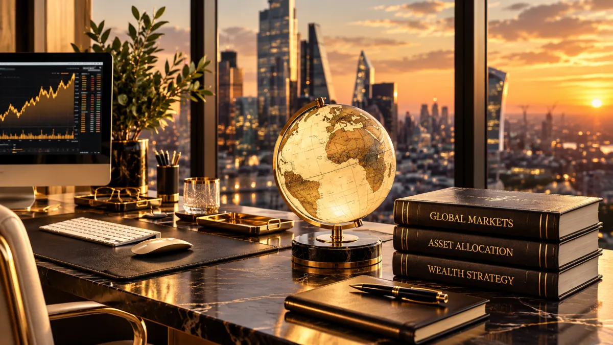 A sophisticated desk scene featuring a glowing globe, a stack of leather-bound books titled 'Global Markets', 'Asset Allocation', 'Wealth Strategy', and a faint city skyline at dusk in the background.